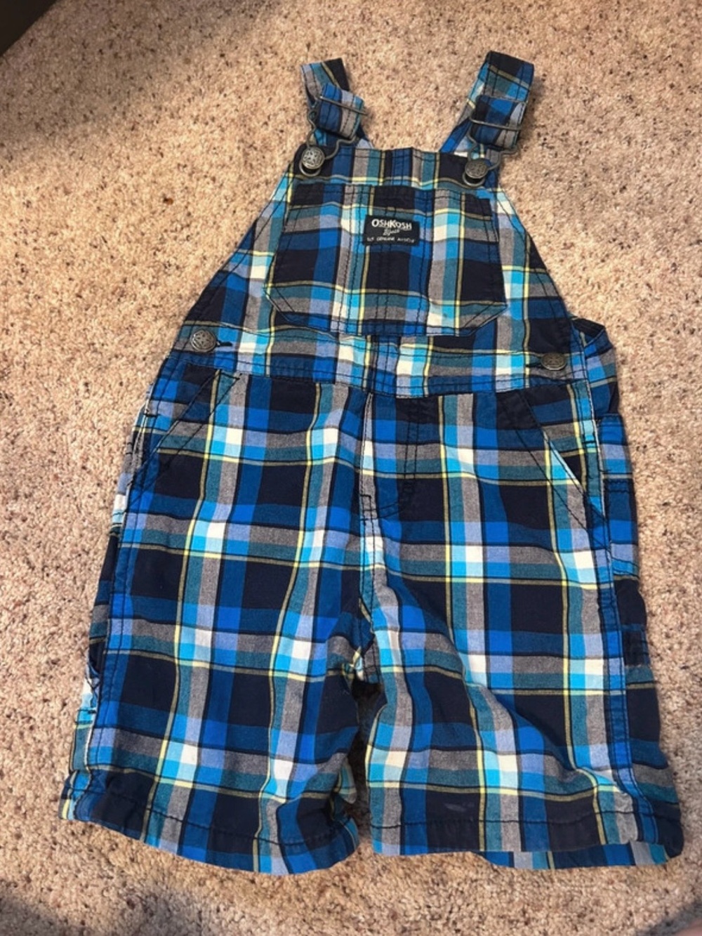 OshKosh B'gosh Blue Plaid Short Overalls with Yellow Accentsf